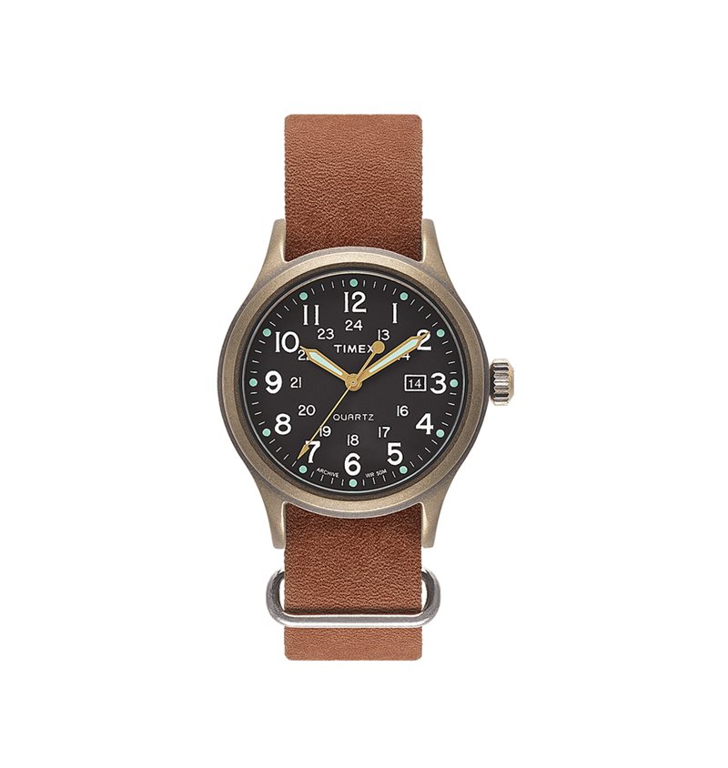 Timex Allied 40mm Brown Leather Watch Band Bronze Black Dial