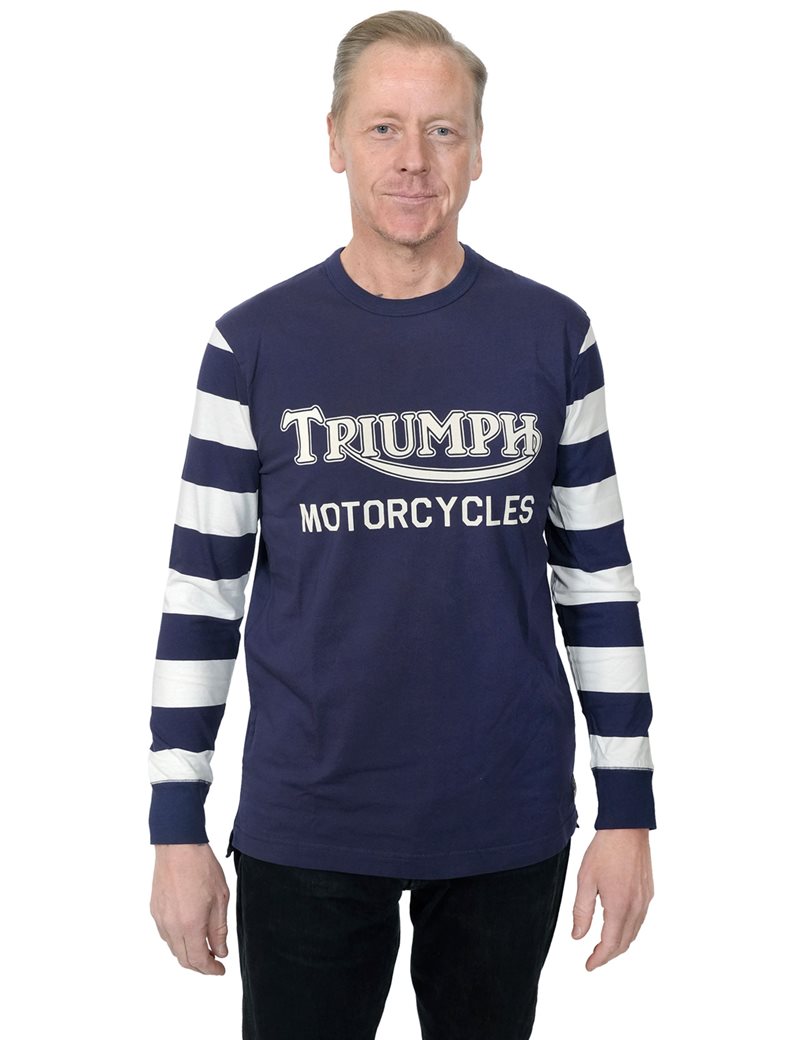 Triumph Motorcycles Heritage Men s Retro Striped Long Sleeve T Shirt 100 Cotton Blue White Size XL Triumph Motorcycles Clothing