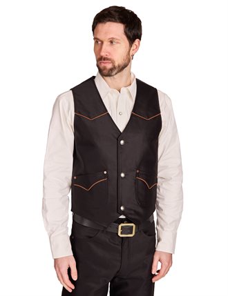 INDIGOFERA - COLTON GIZA COTTON MOLESKIN VEST - BLACK/BROWN PIPING