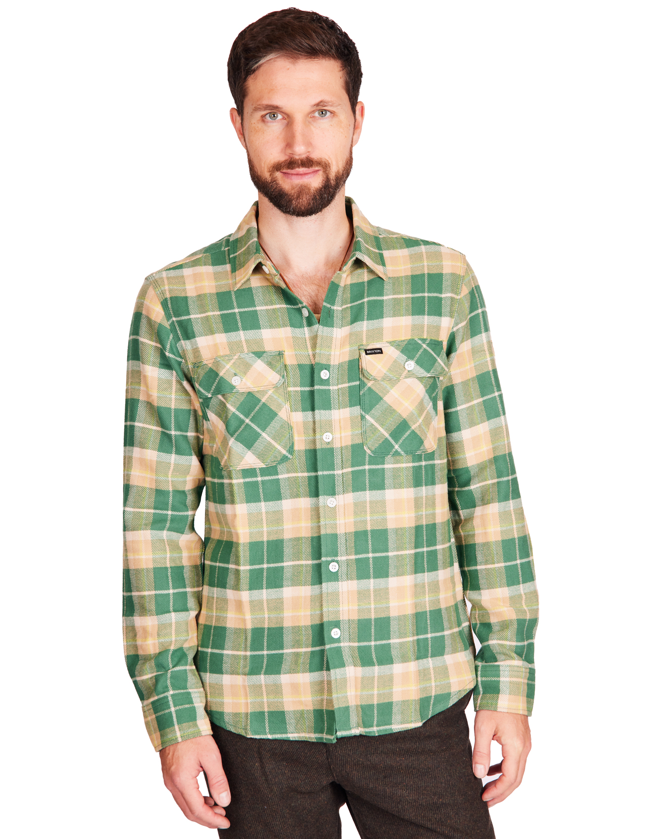 Brixton---Bowery-Flannel-Shirt---Washed-Pine-Needle-Washed-Gold--1