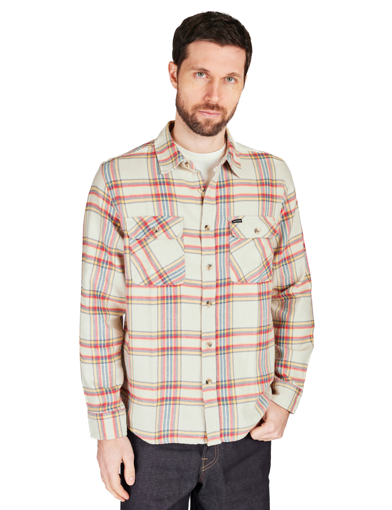 Brixton - Bowery Flannel Shirt - White Smoke/Yellow/Casa Red