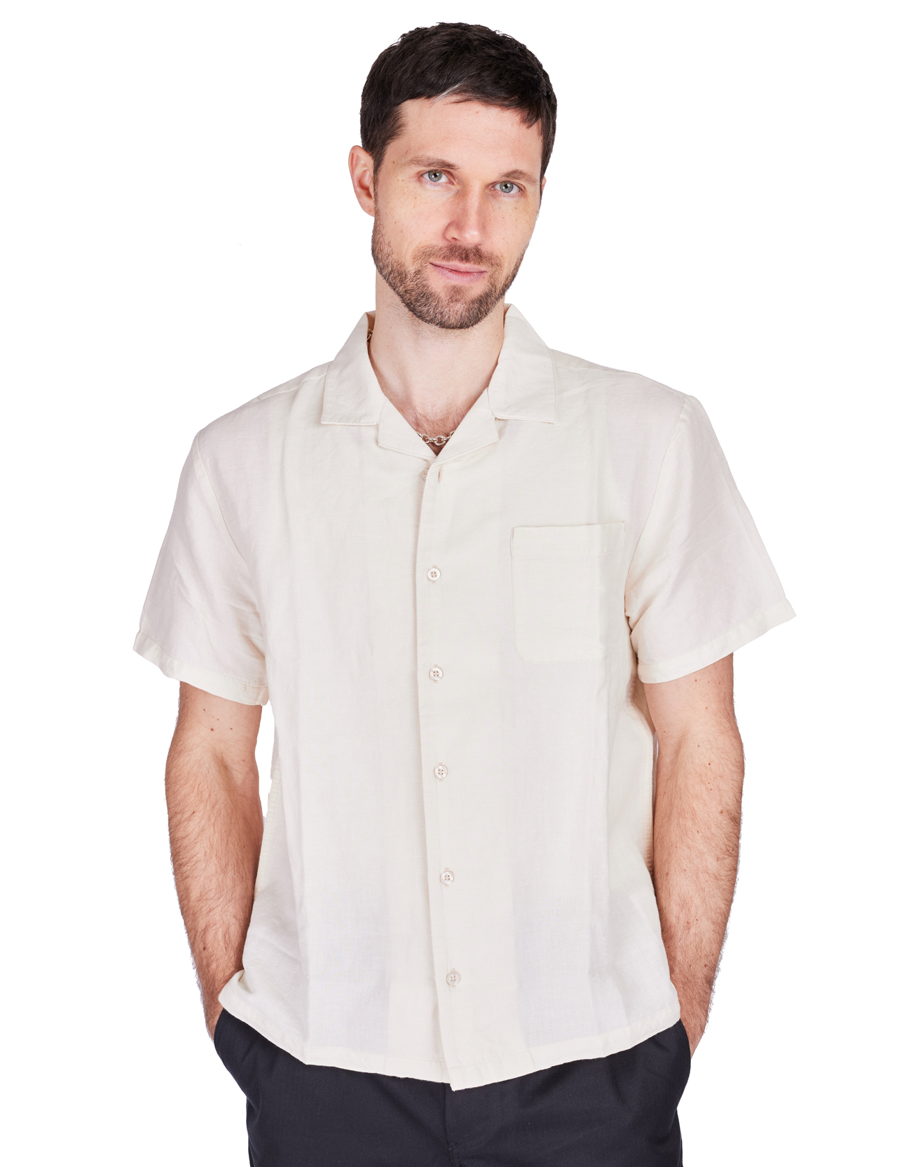 Brixton - Bunker Linen Blend Camp Collar Shirt - White Cap