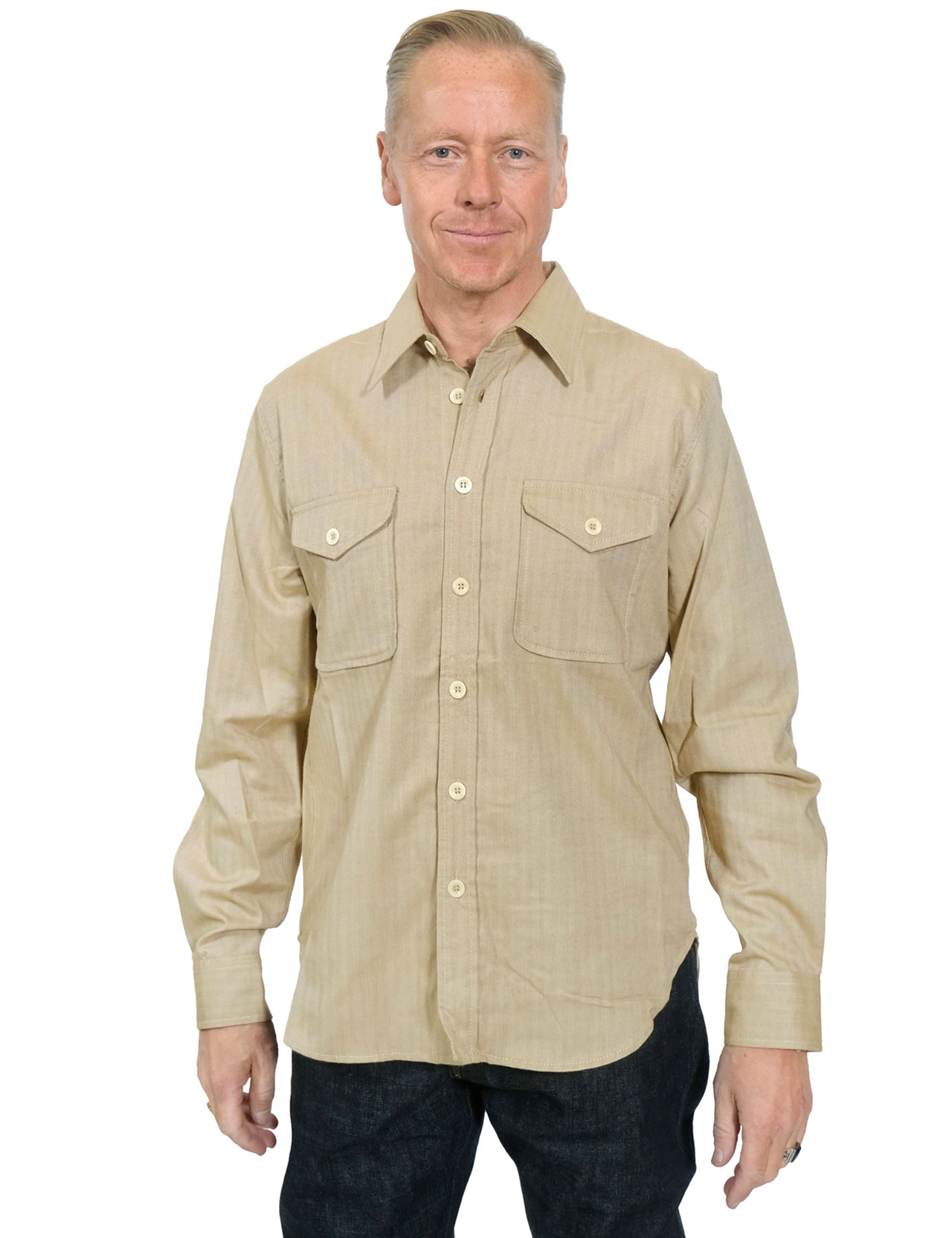 Captain Santors - Japanese Navy Herringbone Cotton Shirt - Khaki