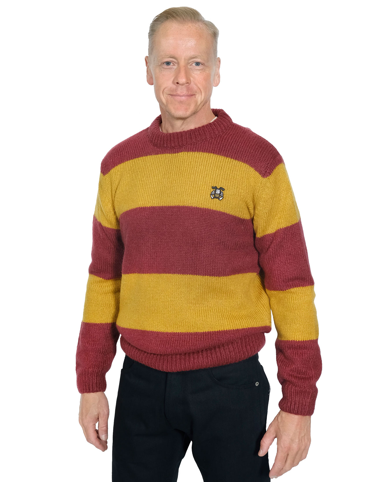 Eat Dust - Knit Striped Kid Mohair R-Neck Sweater - Bordeaux/Yellow