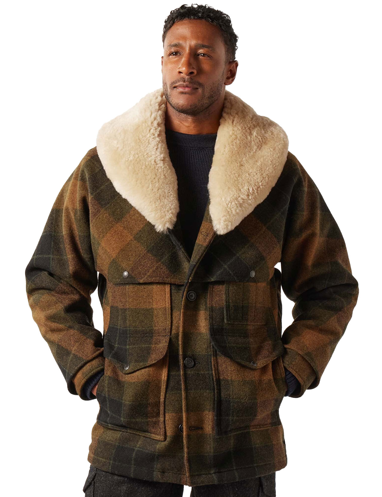 Filson Lined Mackinaw Wool Packer Coat Loden Heather Plaid