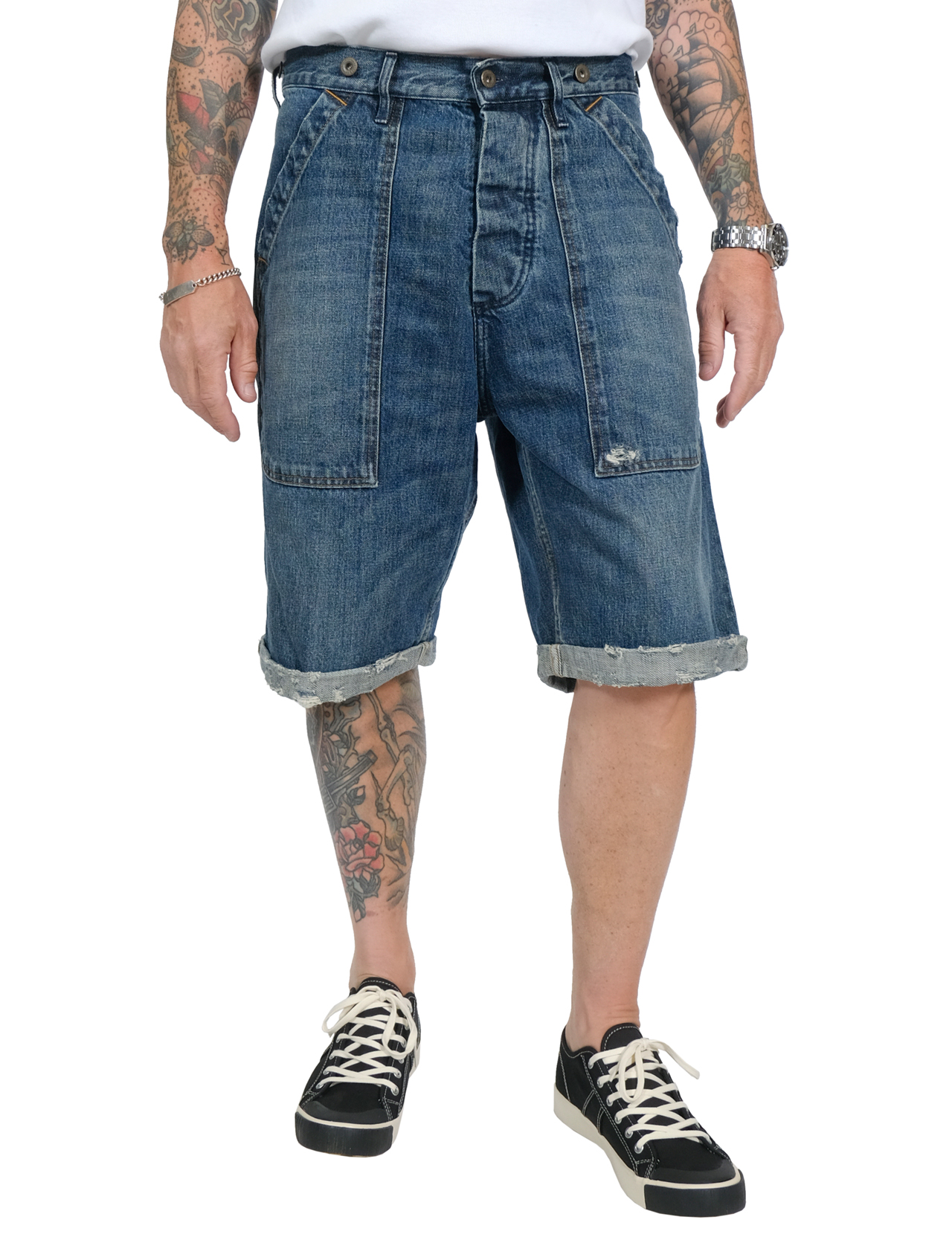 Fleurs De Bagne - Denim Cargo Heavy Used Shorts - Faded Indigo