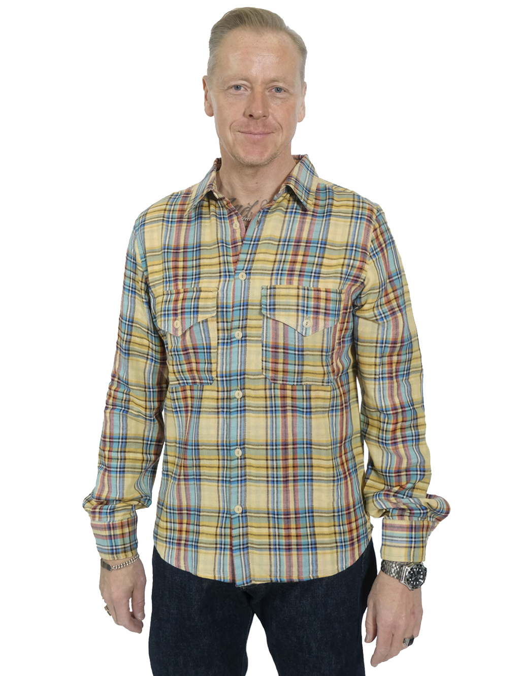 Fleurs De Bagne - The Classic Shirt 2 Pockets - Jaune Bleu Rayures