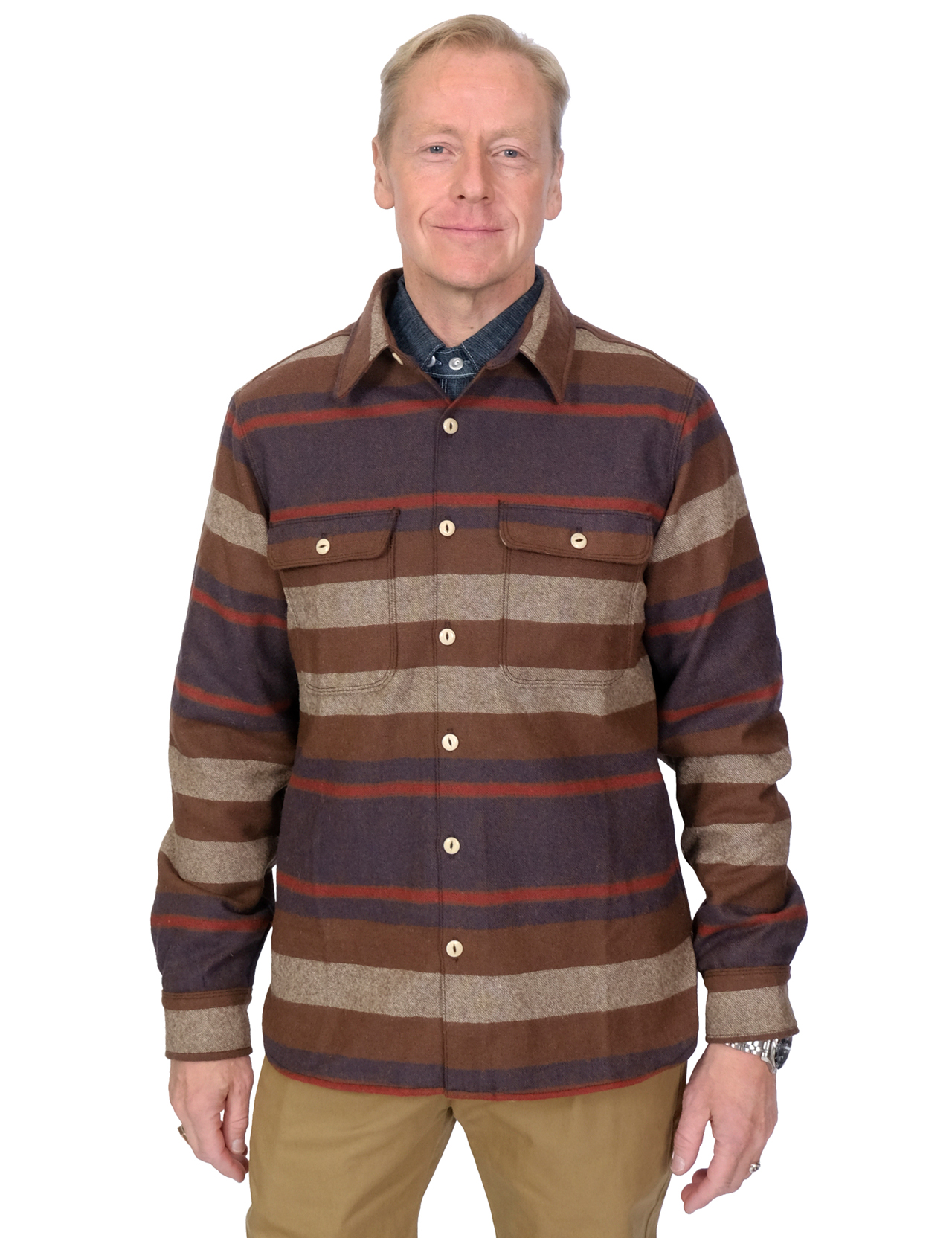 Freenote Cloth - Benson Classic Wool Overshirt - Brown Stripe