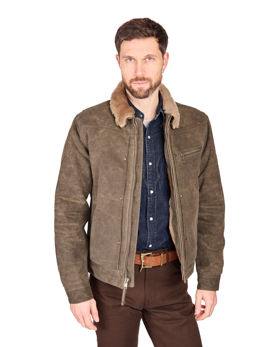 rj 2 waxed canvas 20 ounce tobacco Freenote Cloth - RJ-2 Waxed Shearling Canvas Jacket 20 Ounce - Tobacco
