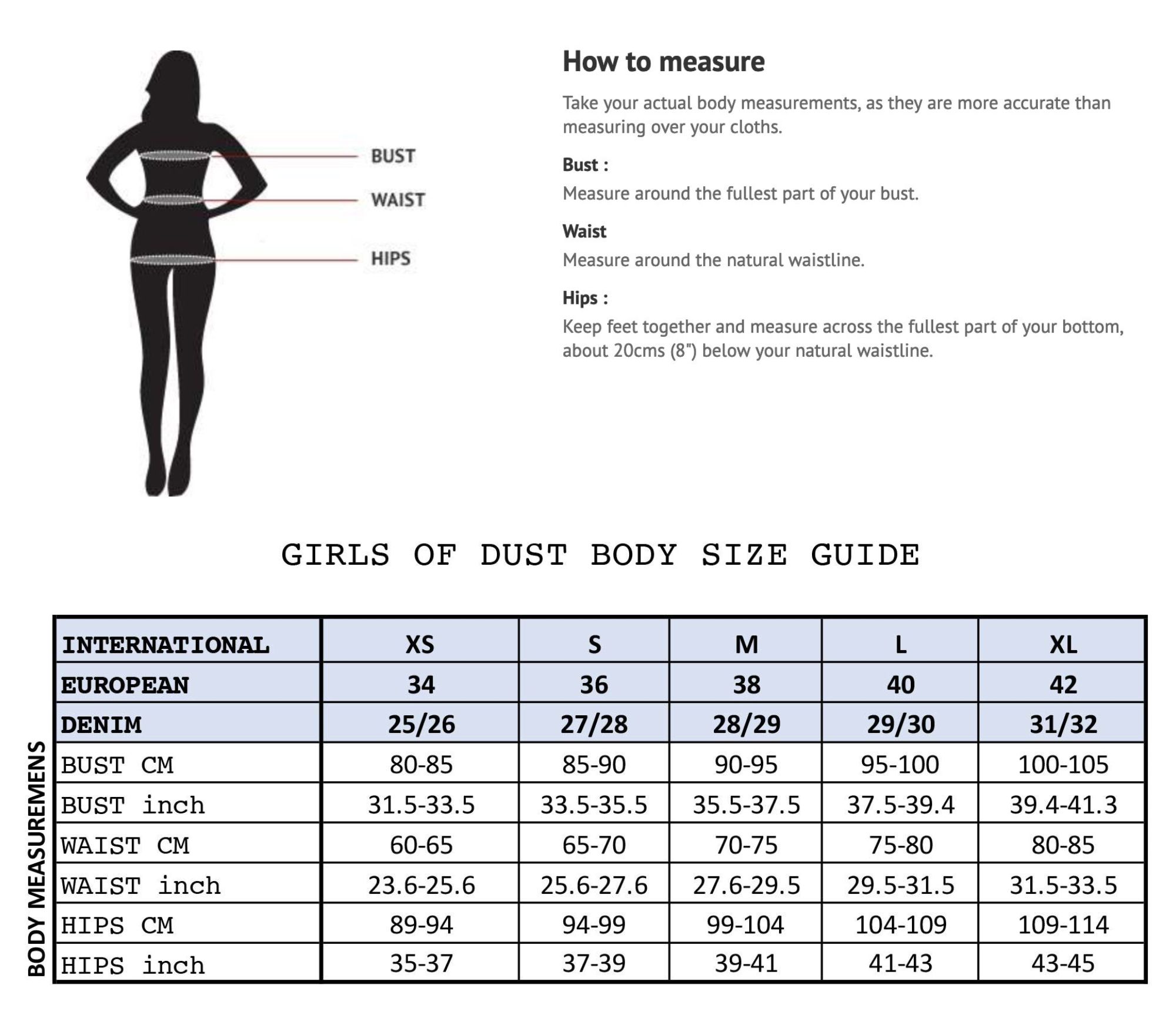Girls of Dust how to measure and Size Chart