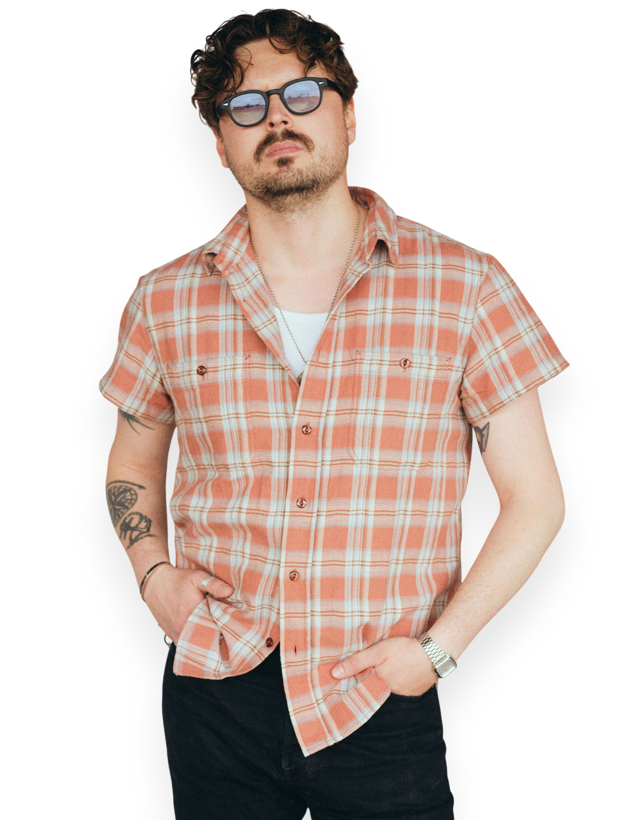 Indigofera - Bruce Flannel Check Short Sleeve Shirt - Red / Blue