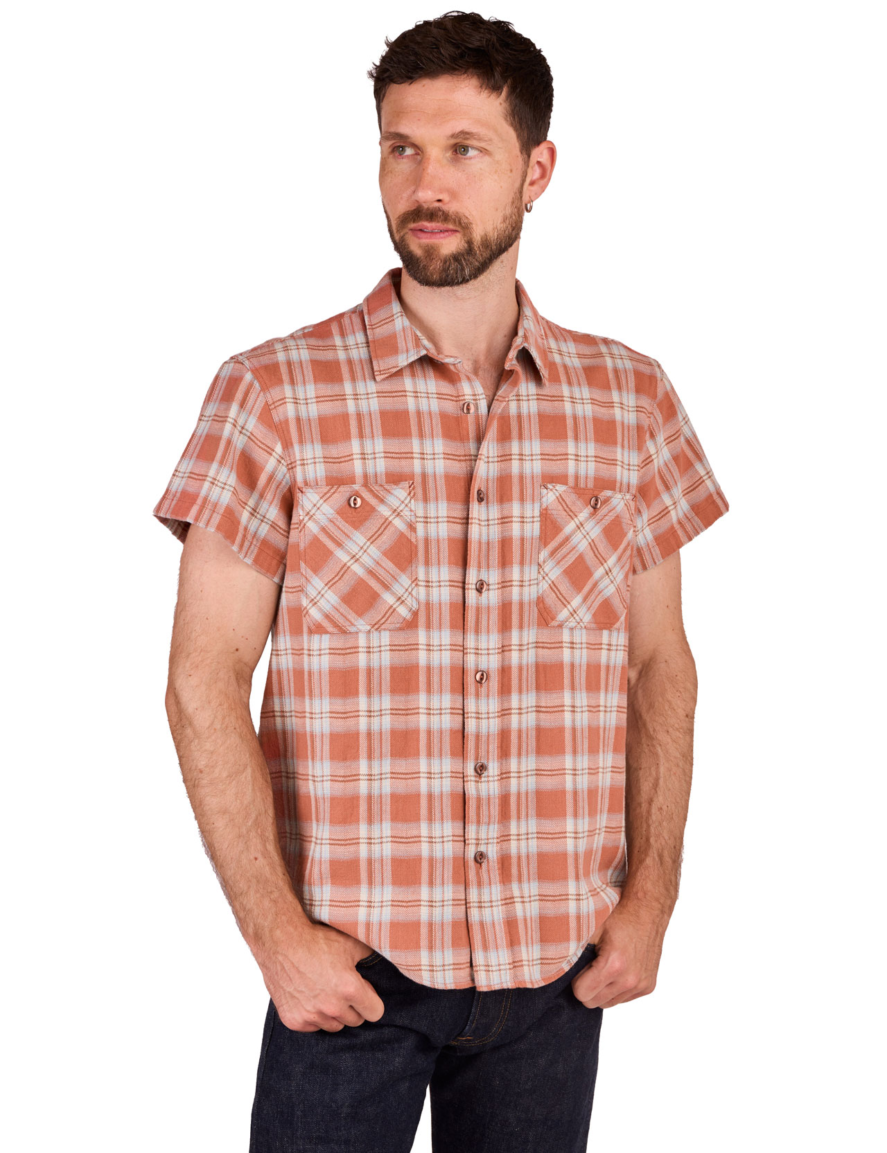 Indigofera - Bruce Flannel Check Short Sleeve Shirt - Red / Blue