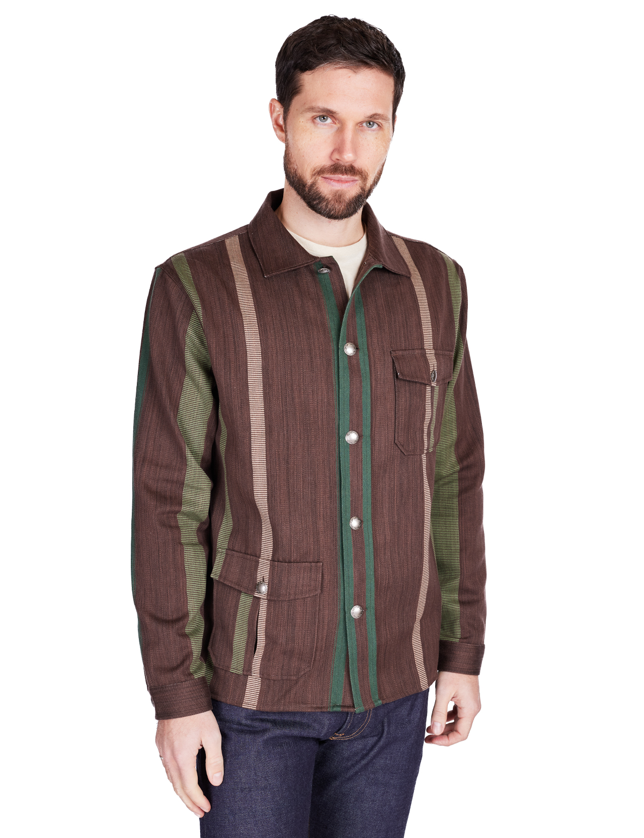 Indigofera - Conway Shirt Jacket Striped - Brown/Green