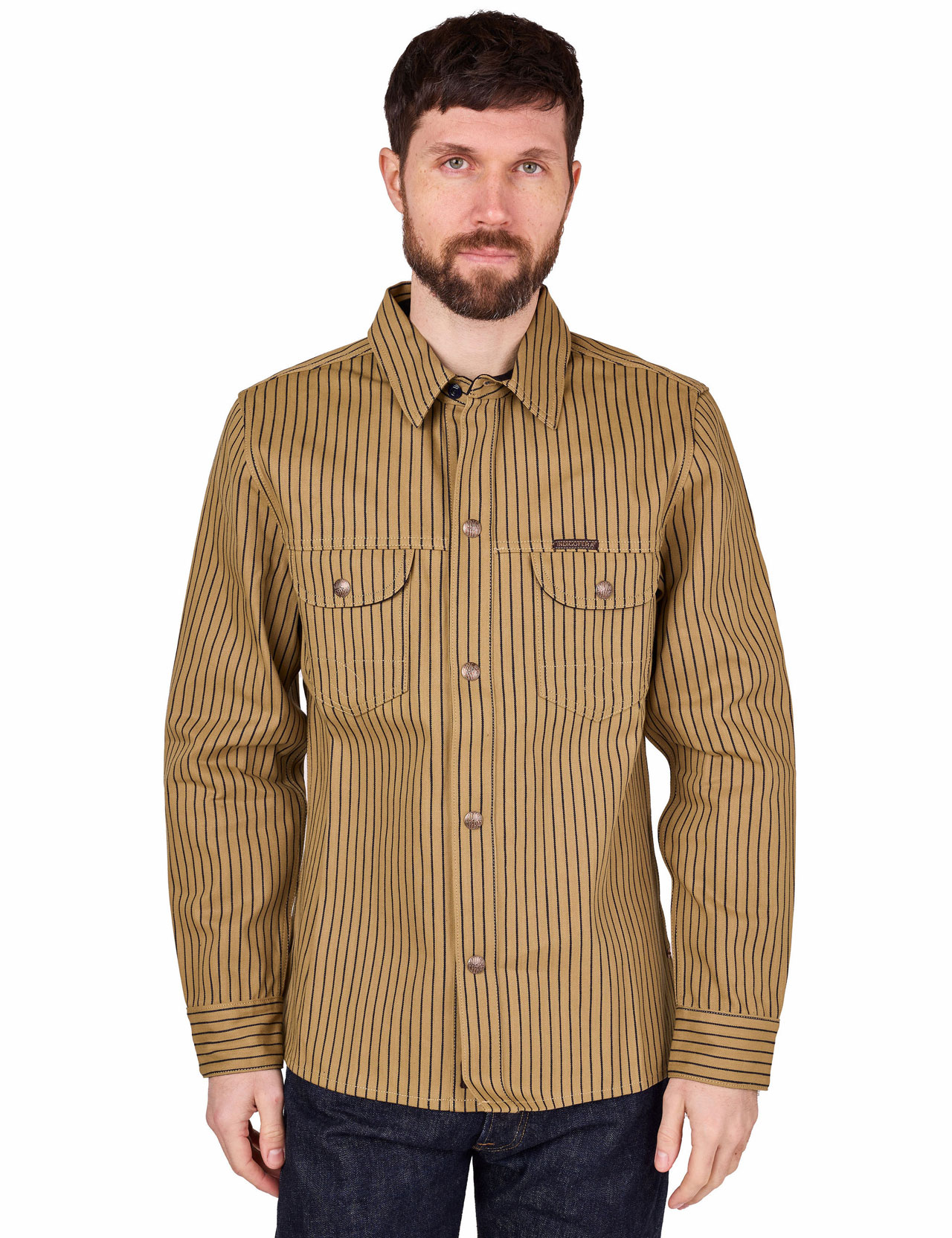 Indigofera - Copeland Root Stripe Overshirt - Beige / Indigo