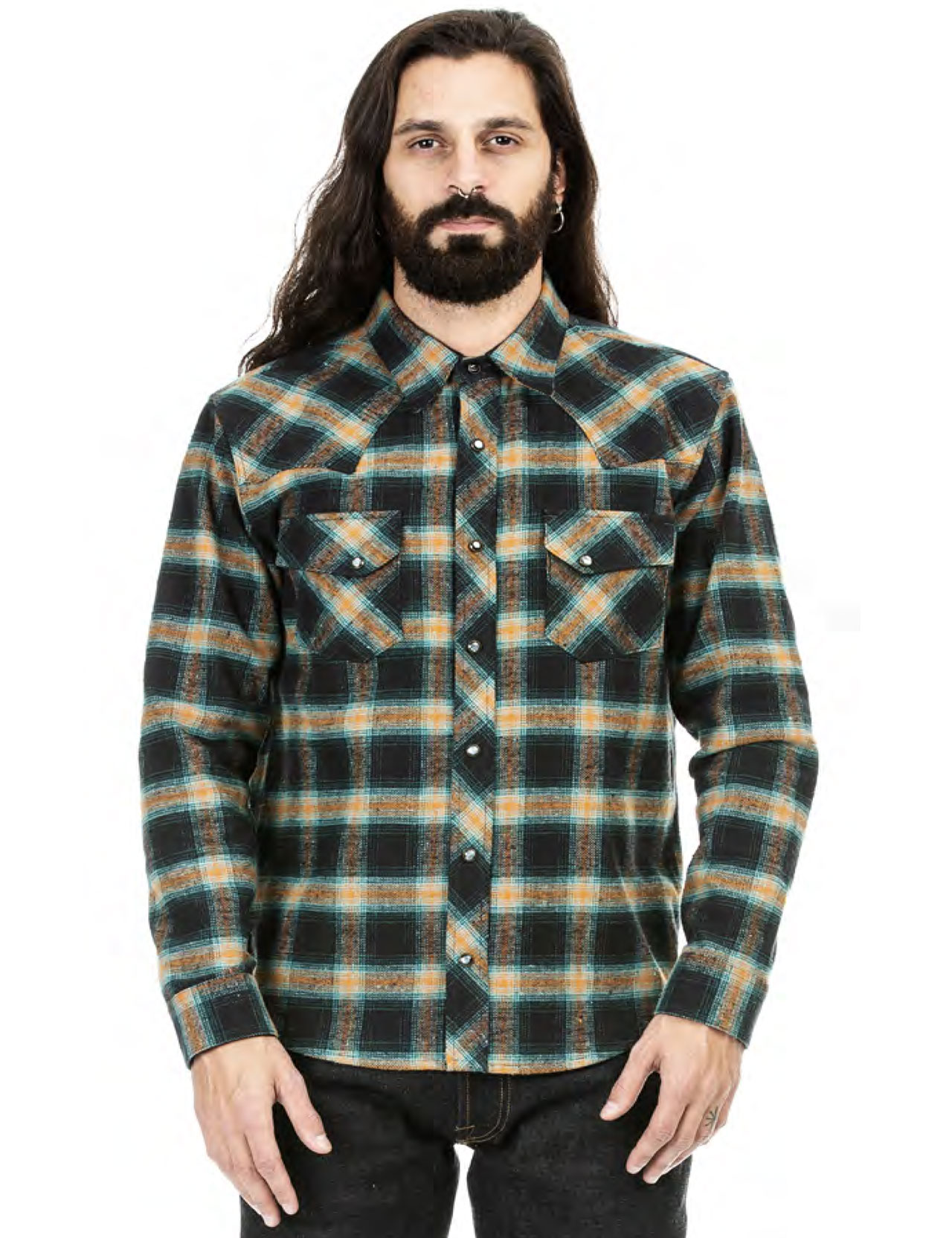 Indigofera - Dawson Shirt Japanese Selvage Flannel - Black/Petrol/Rust