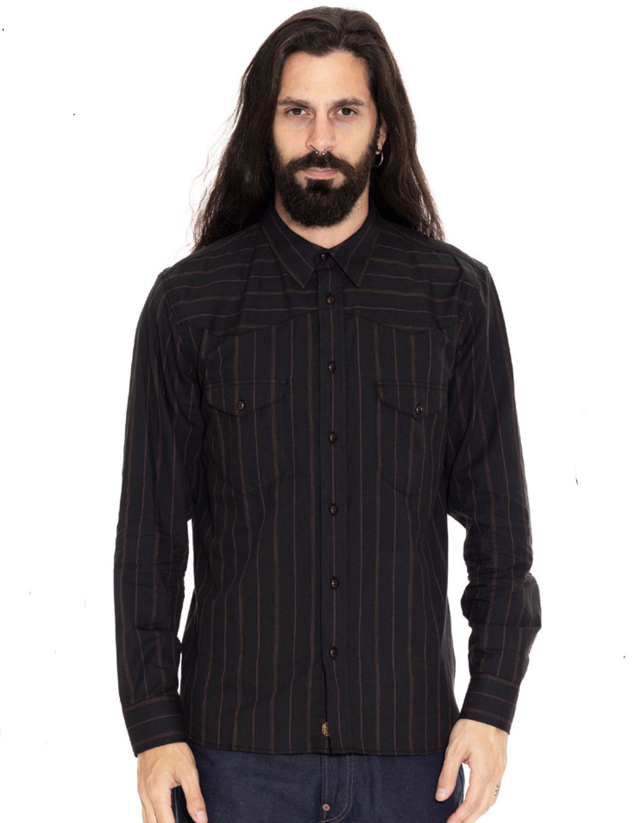 Indigofera - Manolito Shirt Cotton Stripe - Black/Brown