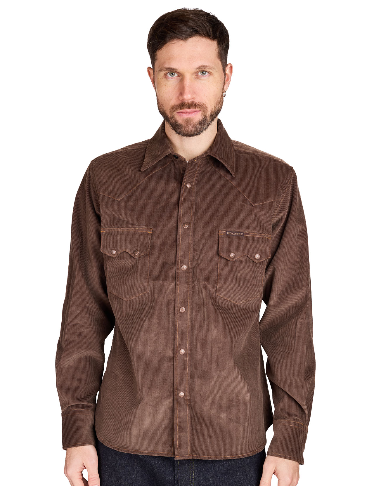 Indigofera - Ryman 13W Corduroy Western Shirt - Dark Brown / Grey