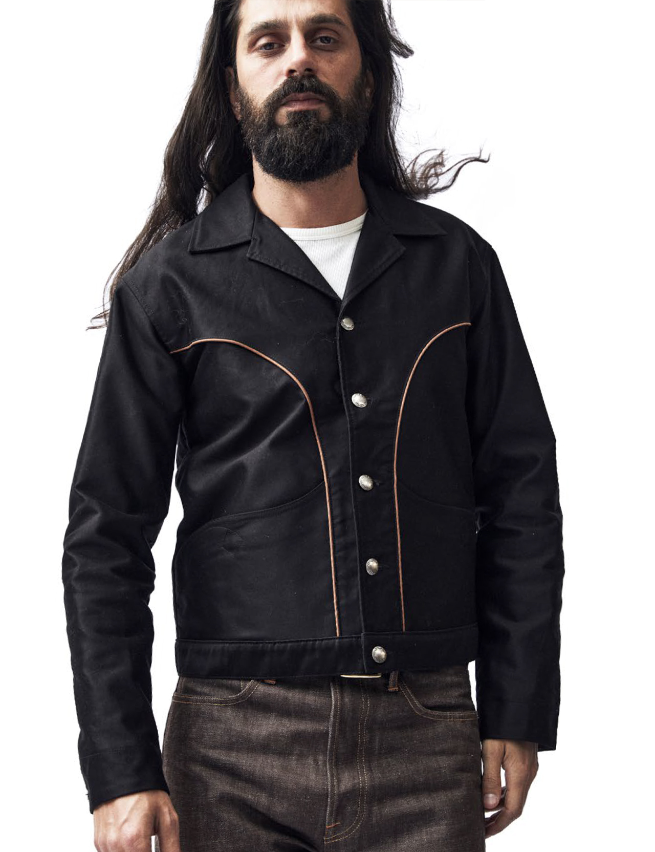 Indigofera - Slider Giza Cotton Moleskin Jacket - Black/Brown Piping