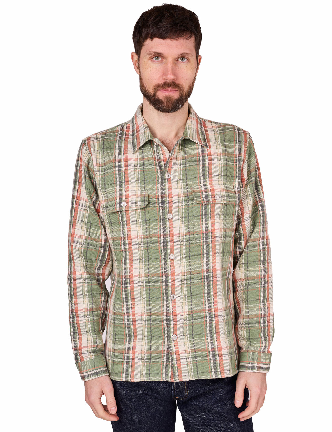 Indigofera---Webster-Jacquard-Flannel-Shirt-7.3-oz---Green---Beige-Check-99-13