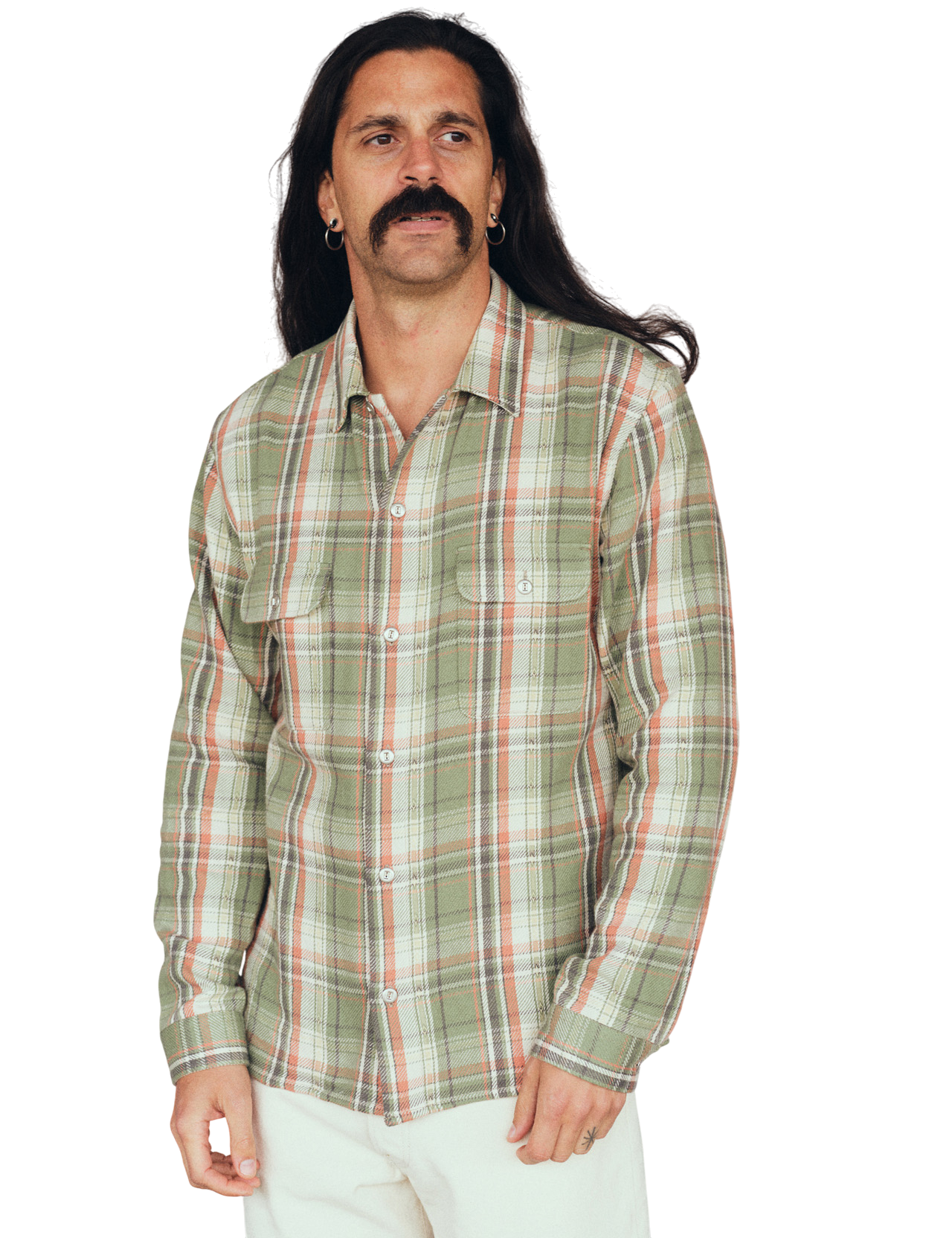 Indigofera - Webster Jacquard Flannel Shirt 7.3 oz - Green / Beige Check