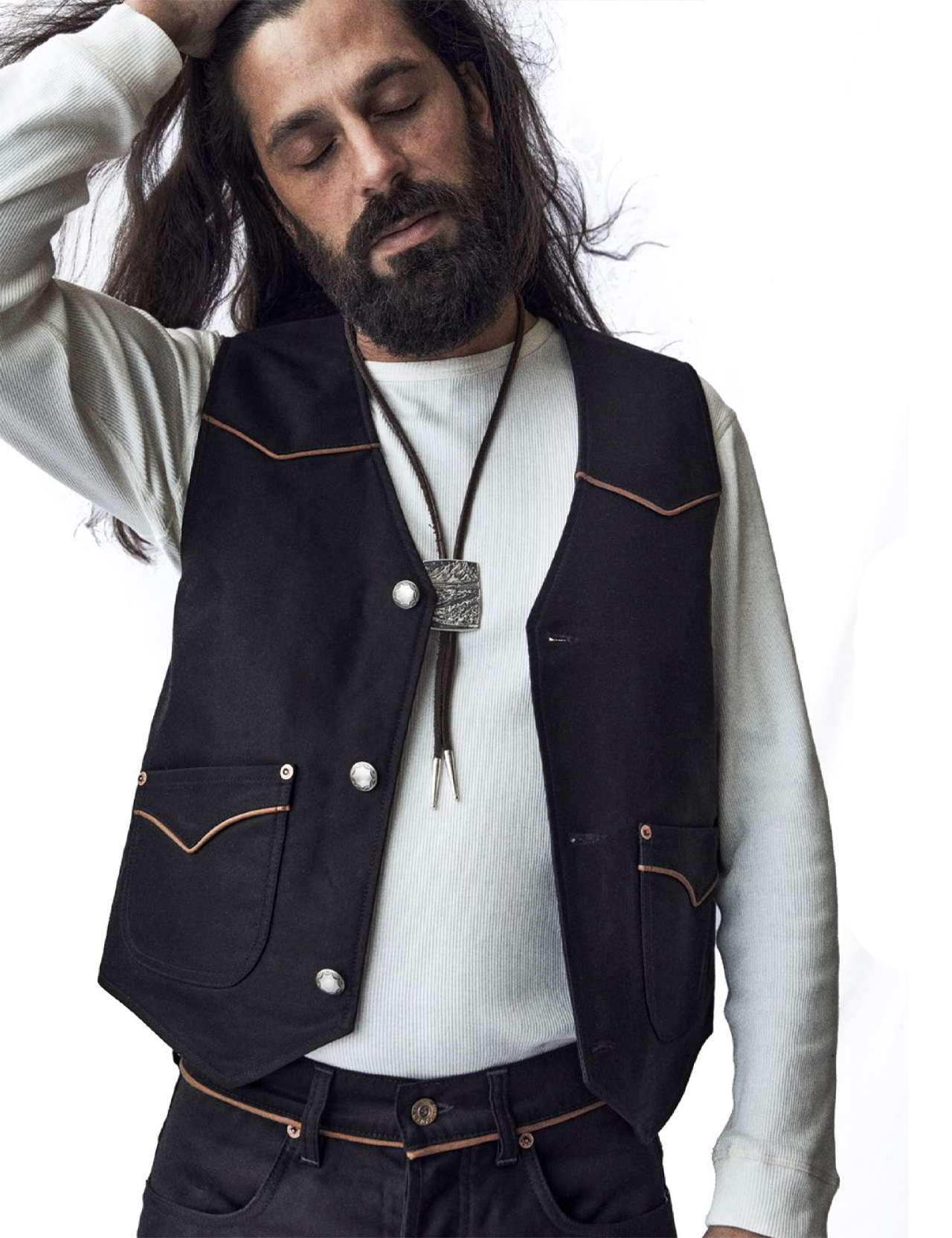 Indigofera - Colton Giza Cotton Moleskin Vest - Black/Brown Piping