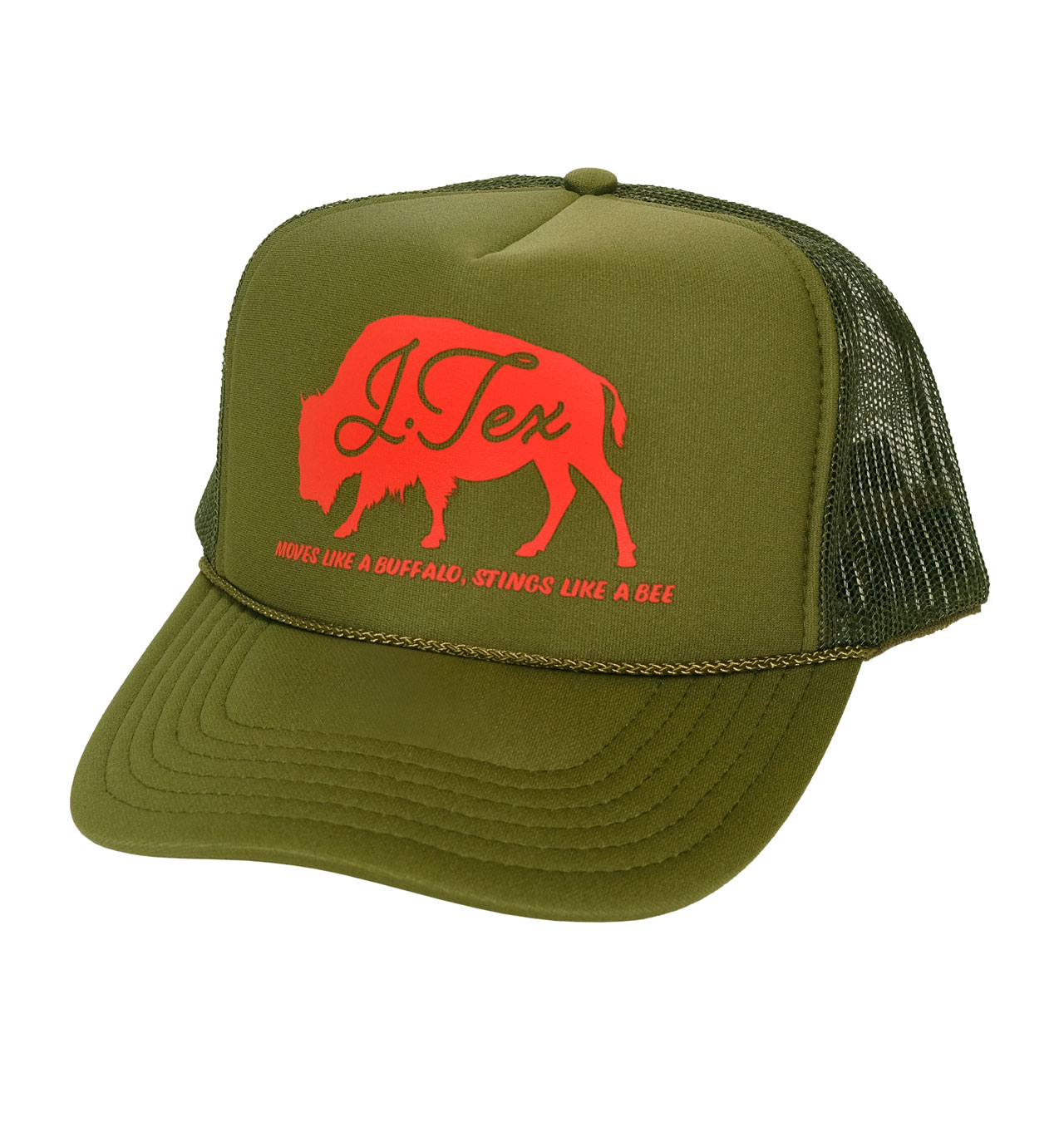 J Tex - Moves Like A Buffalo Trucker Cap - Olive/Red
