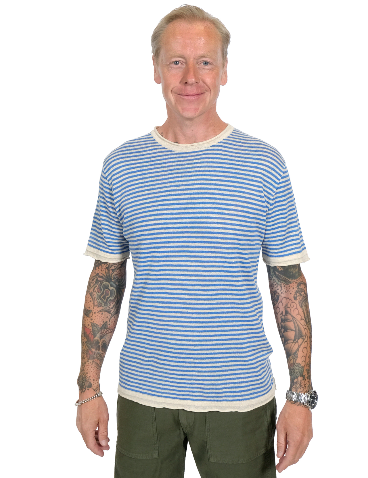Maglificio GRP - Linen Crewneck T-Shirt - Ecru/Royal Blue
