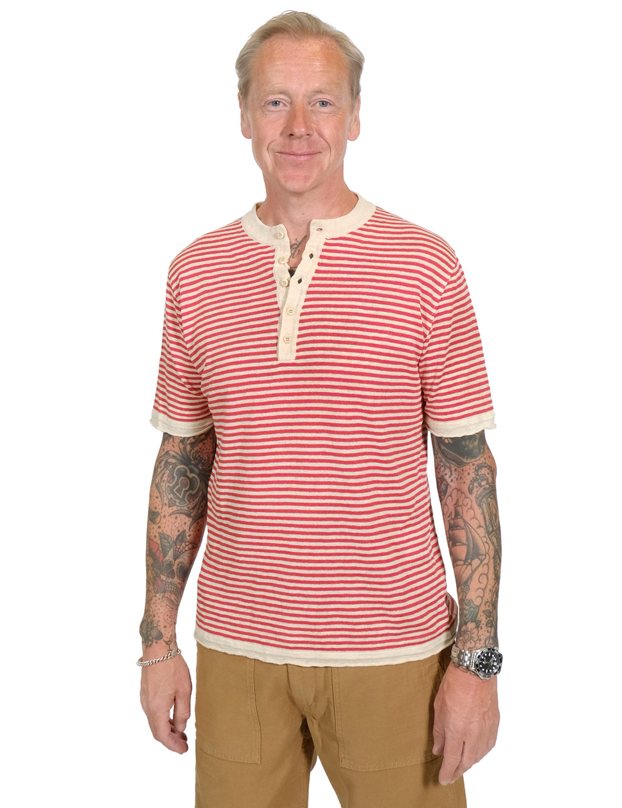 Maglificio GRP - Linen Short Sleeve Henley - Ecru/Red