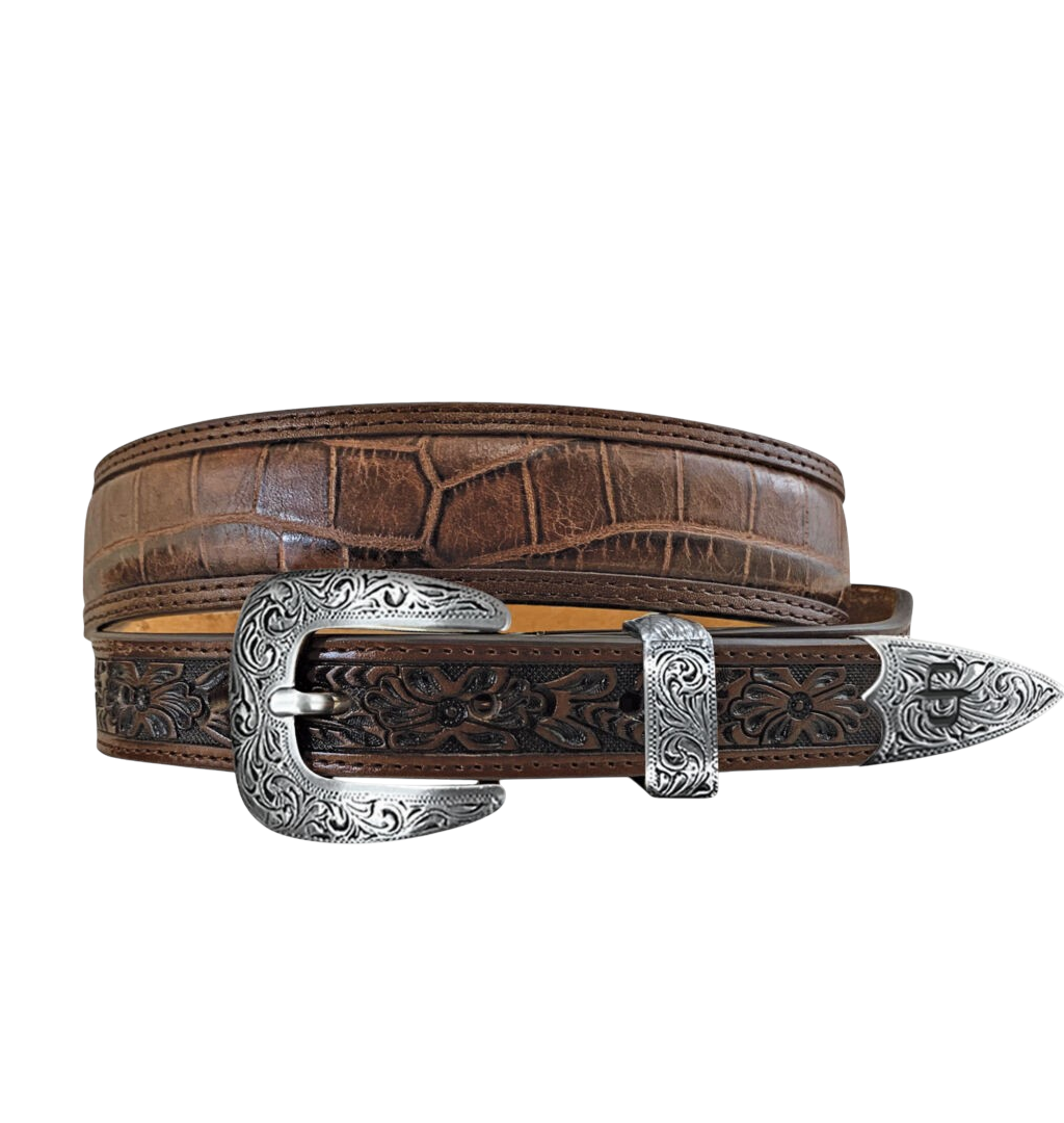 Stetson---Croco-Print-Tooled-Leather-Belt---Brown