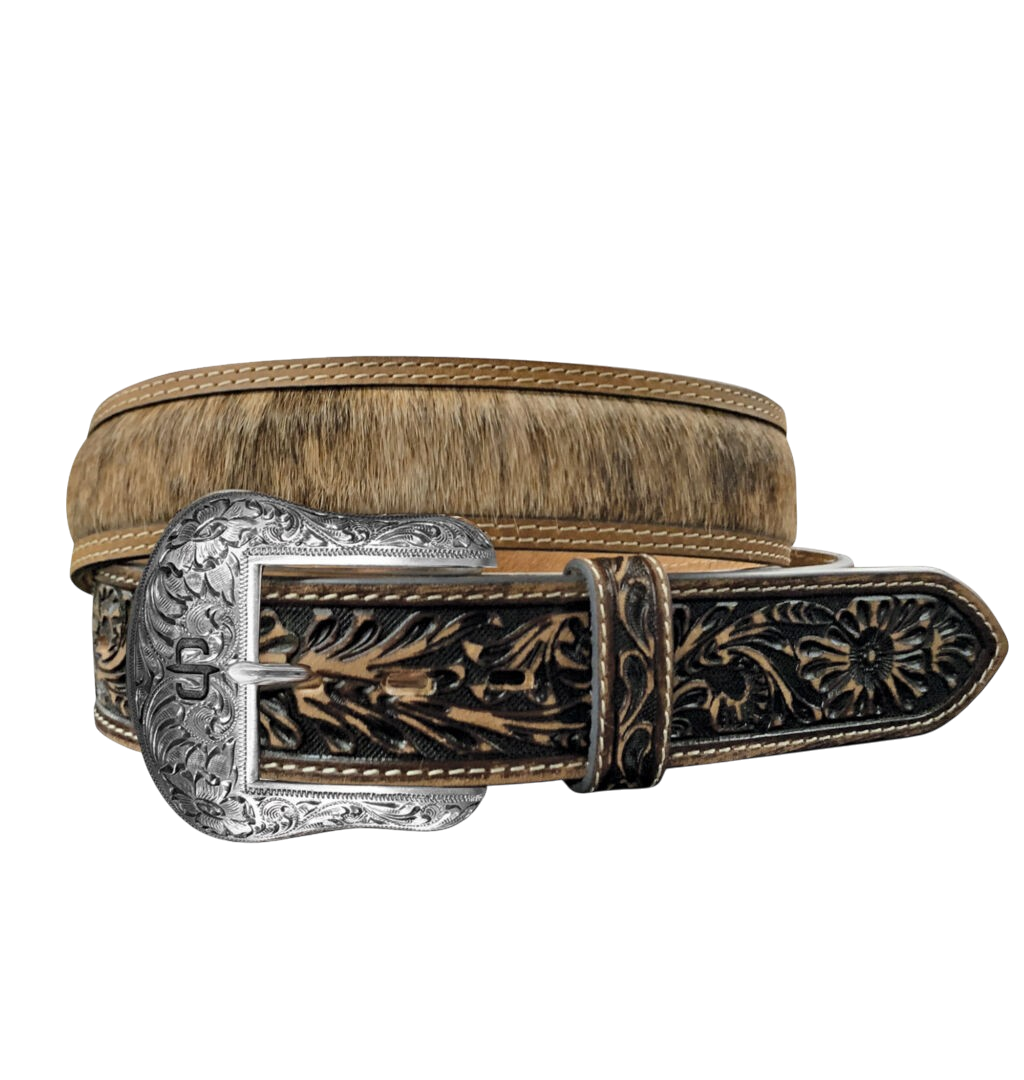 Stetson---Hair-on-Hide-Tooled-Leather-Belt---Brown-