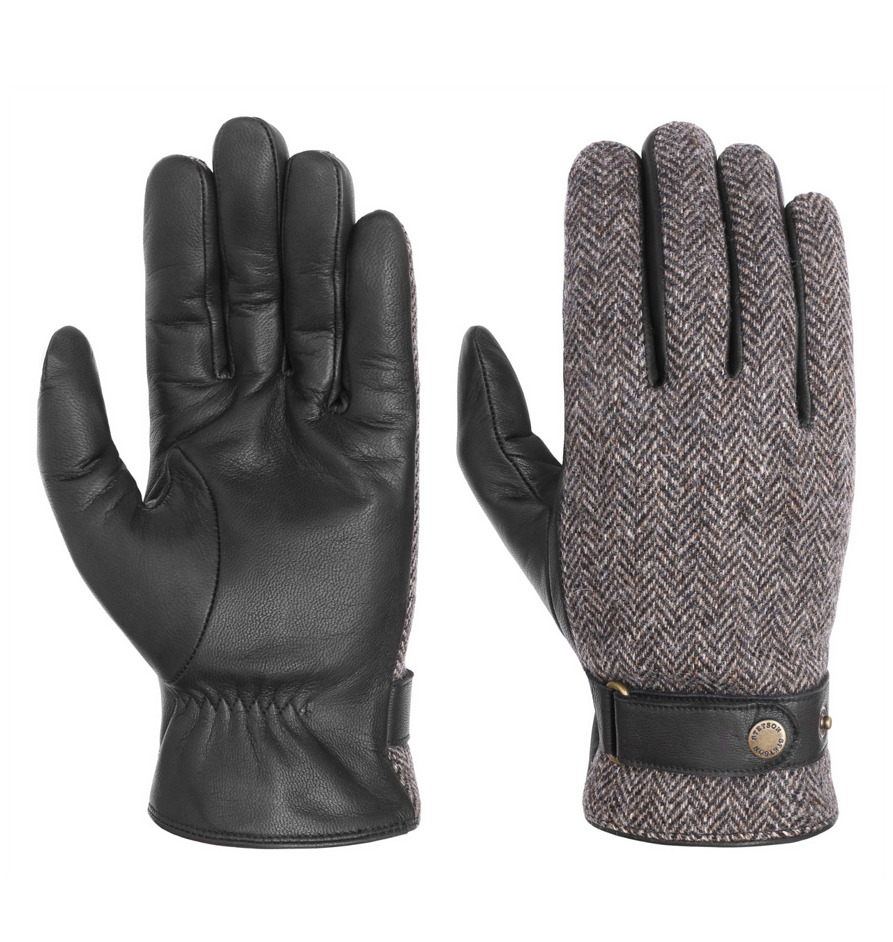 Stetson - Herringbone Wool Leather Gloves - Black/Grey