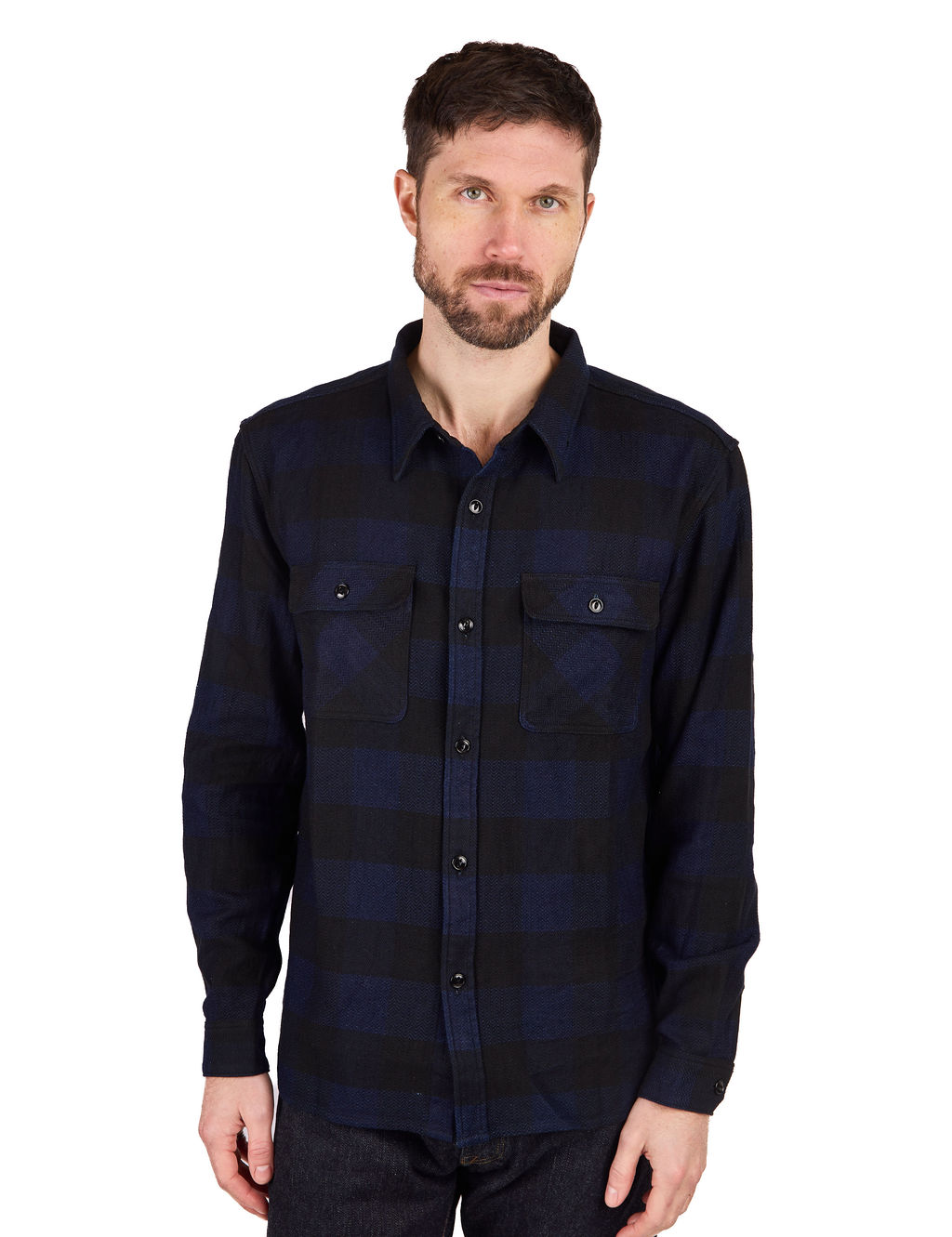 The Flat Head - Block Check Flannel Shirt - Indigo Dyed