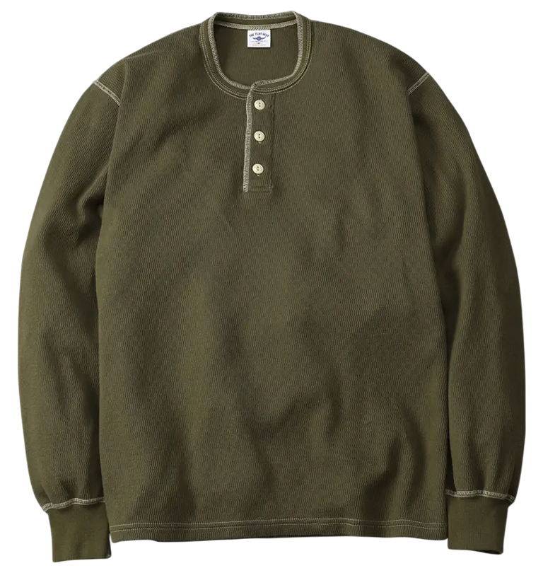 The Flat Head - Thermal Long Sleeve Henley Shirt - Olive