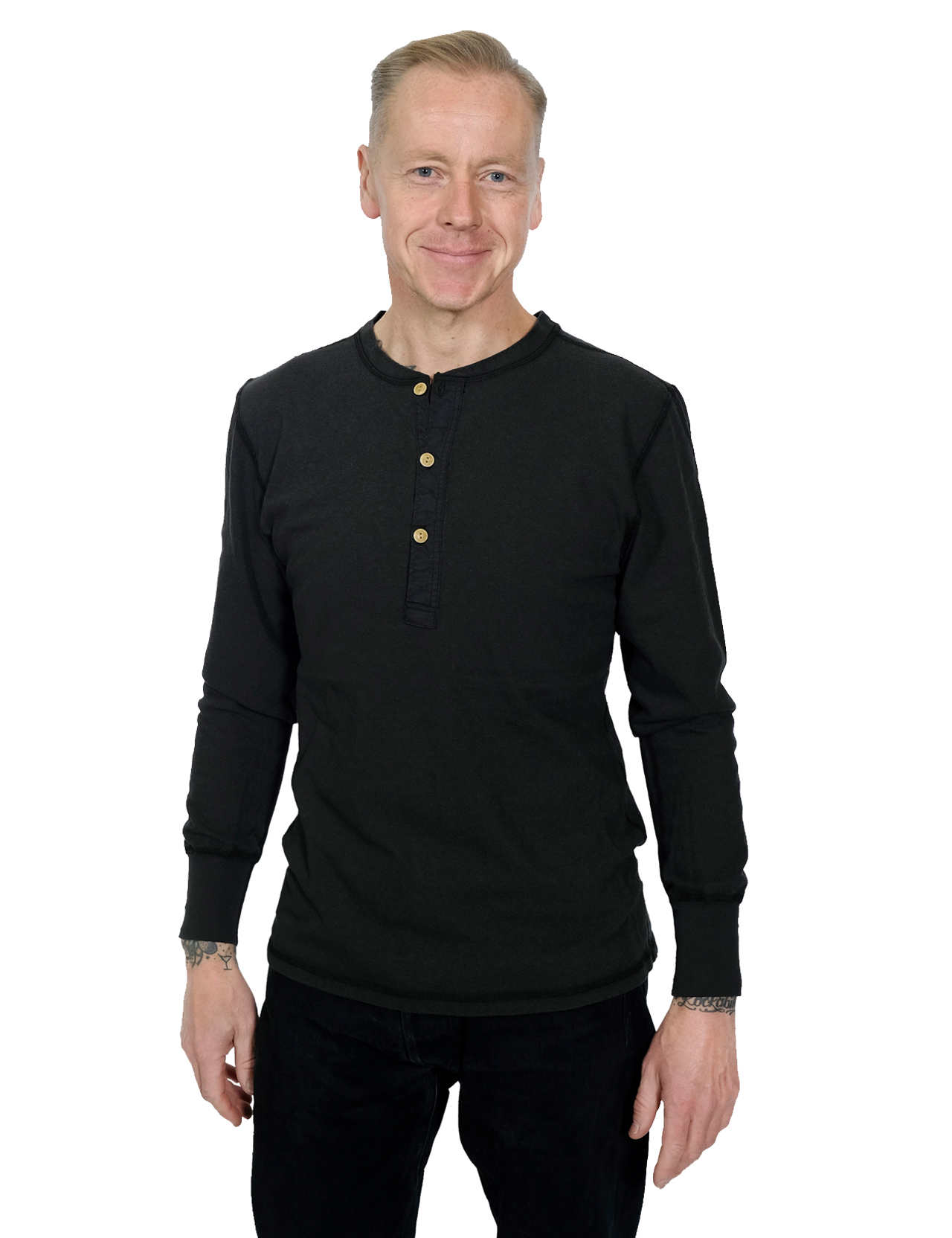 Homespun Knitwear - Coalminer Henley Recycled Zimbabwe Cotton Jersey - Black